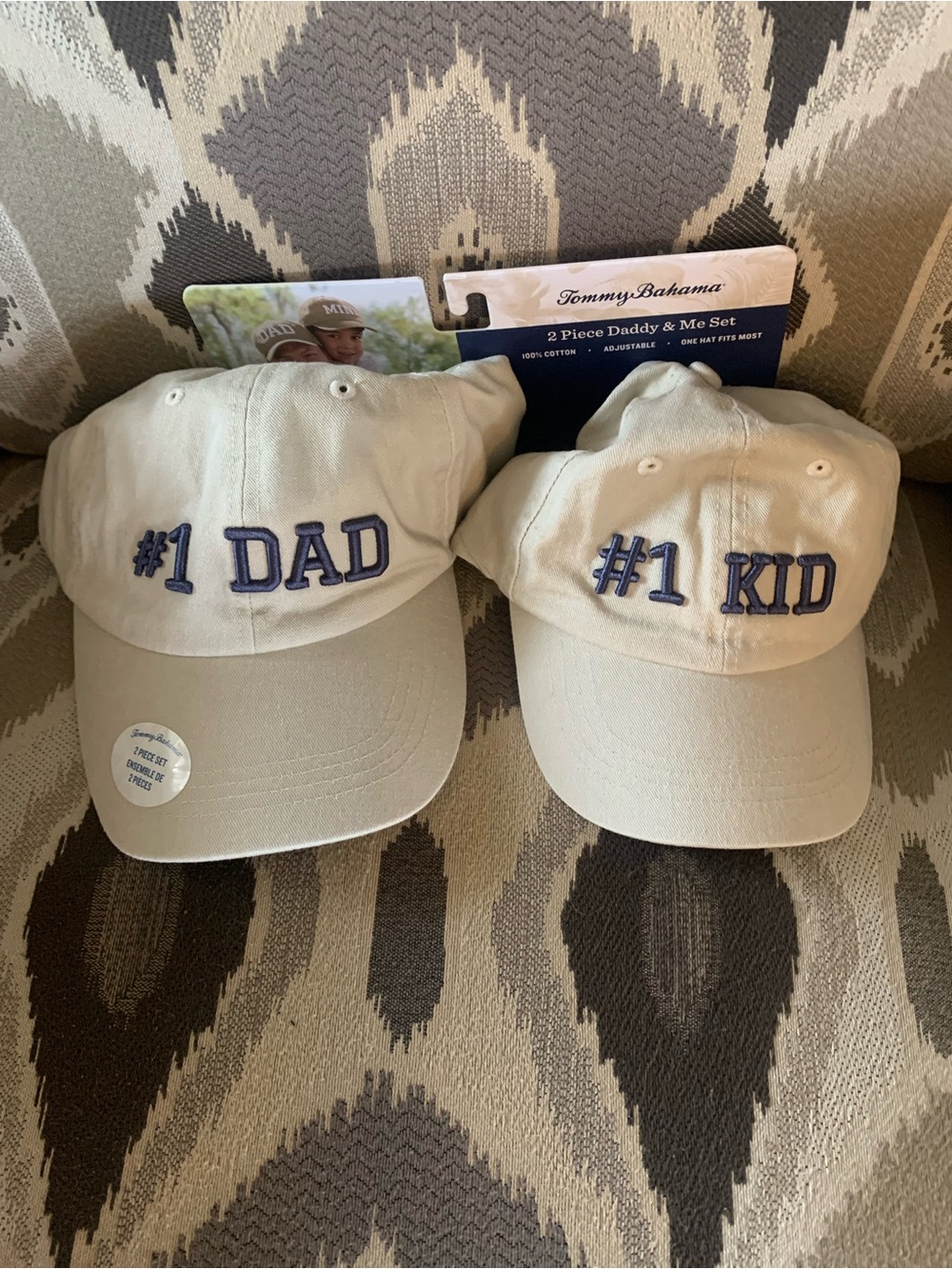 NWT Tommy Bahama #1 Dad & #1 Kid Hat Set - Light Cream with Navy Stitching